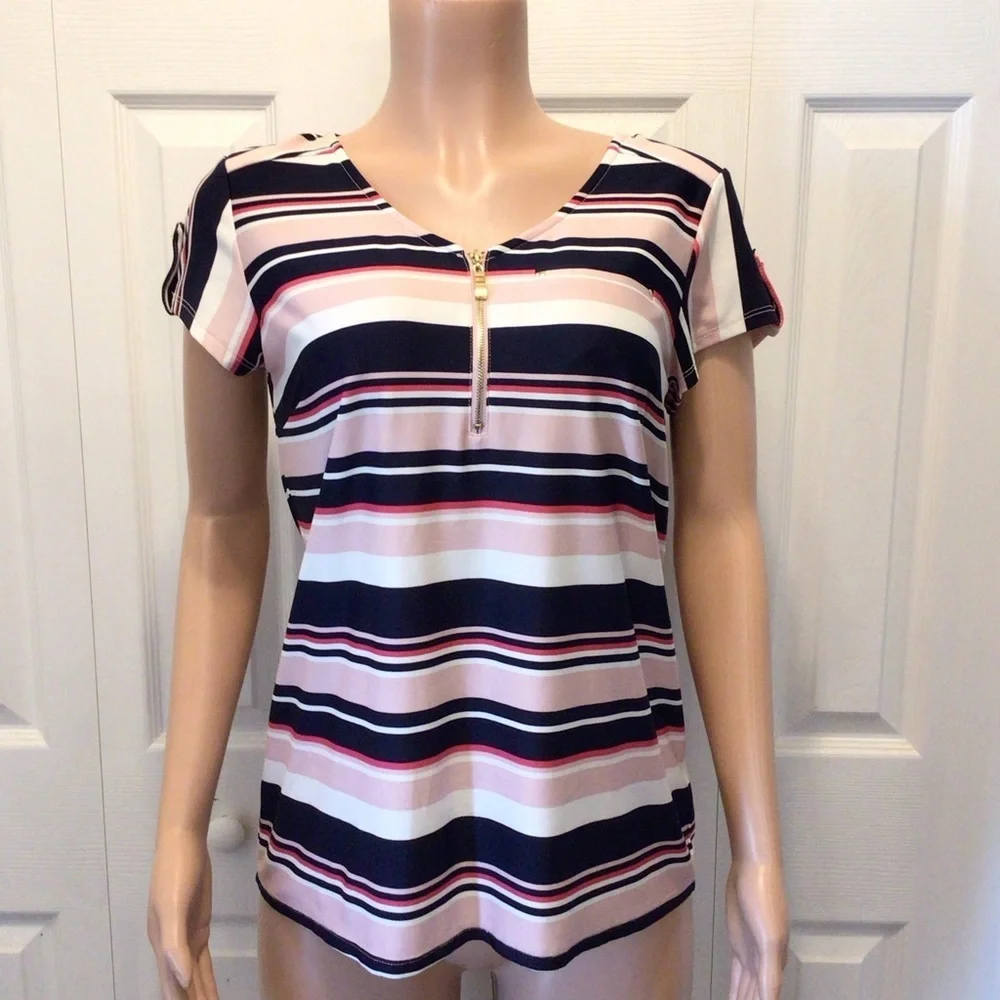 NWOT Roz & Ali Womens Pink/Blue Striped Short Sleeve Quarter Zip Top Size Medium